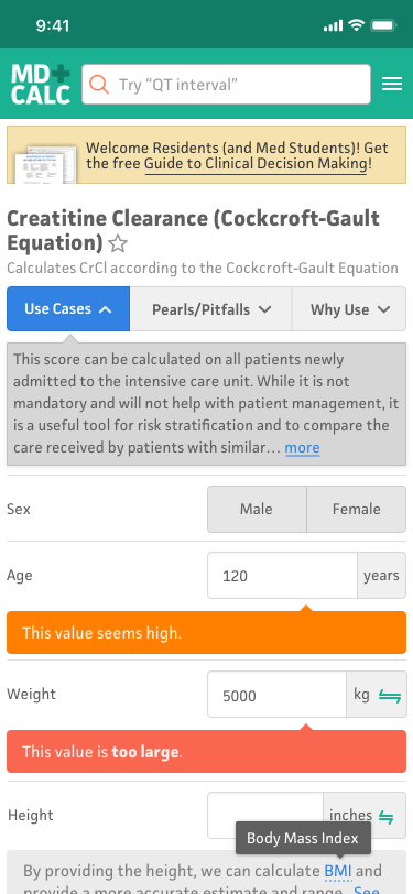 Calculator screen of MDCalc mobile app with error states, warning states, etc.